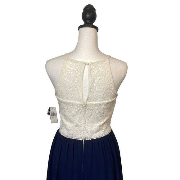By & By Womens Lace Dress Lined Hi Low Fit Flare Sleeveless Cream Navy Blue 3 - Picture 3 of 10